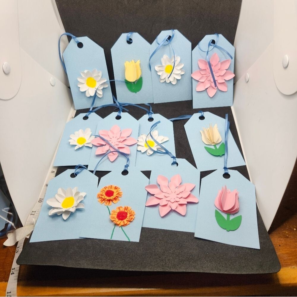 Hand Crafted 3-D Floral Colorful Gift Tags Thank You Cards Set of 12 - Picture 5 of 8